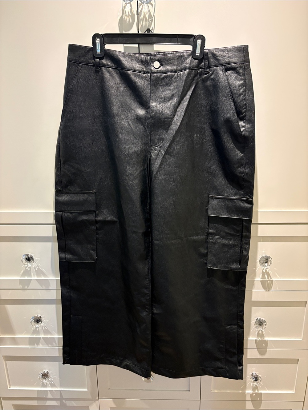 Black Faux Leather Cargo Pants
